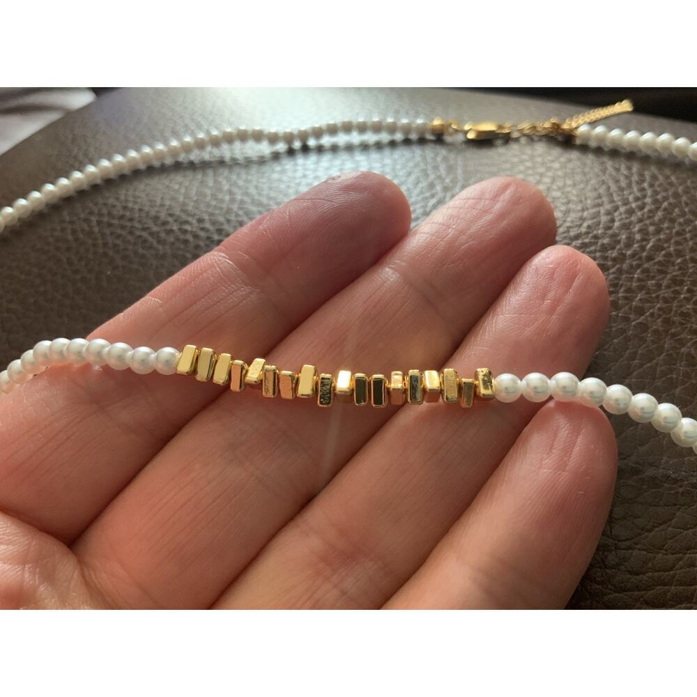 Anthropologie Pearl Necklace Nugget Gold Boho Chain Delicate Baroque Geometric - Picture 8 of 10